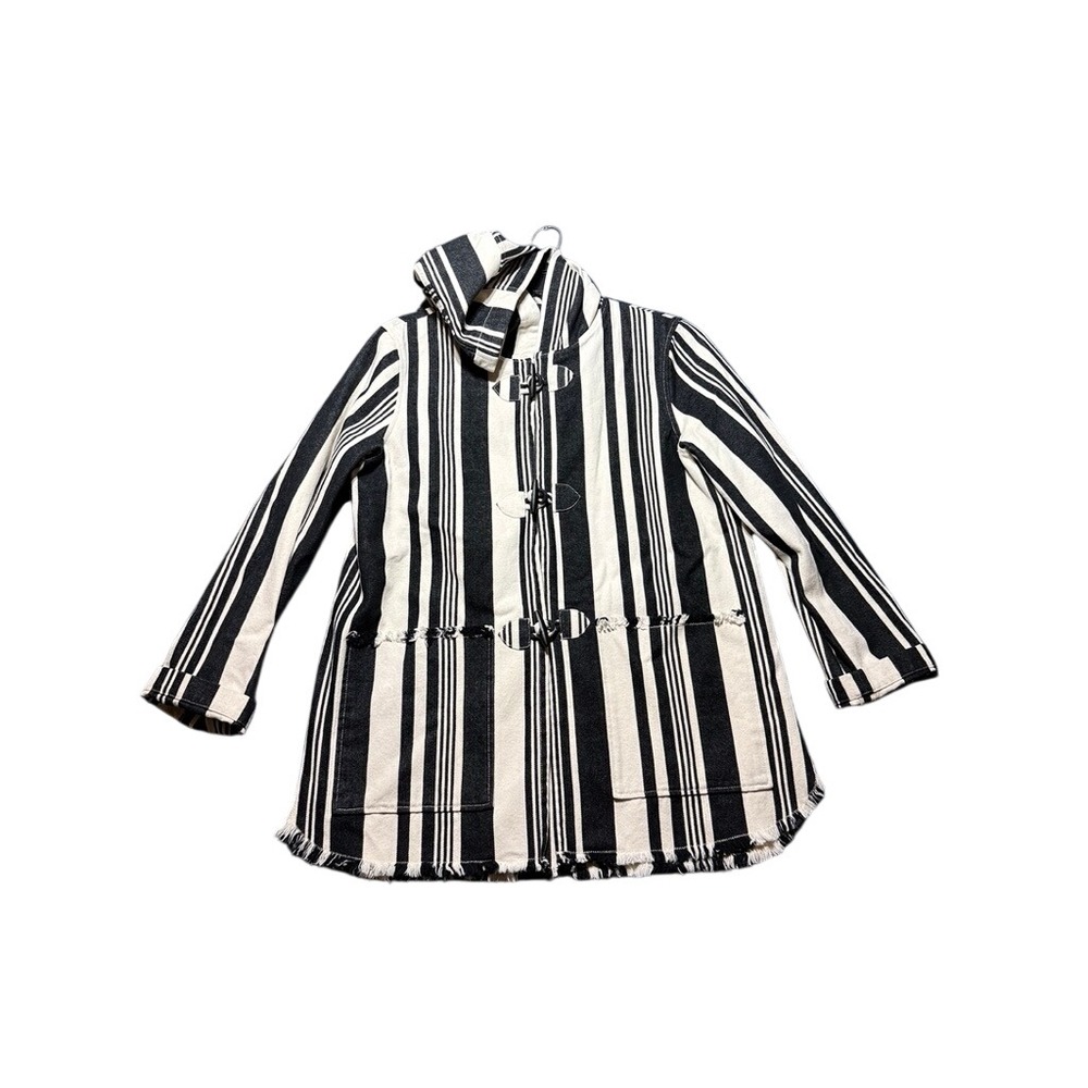 Sanctuary Toggle Hooded Jacket Women M Black White NWOT Striped Fringed Denim